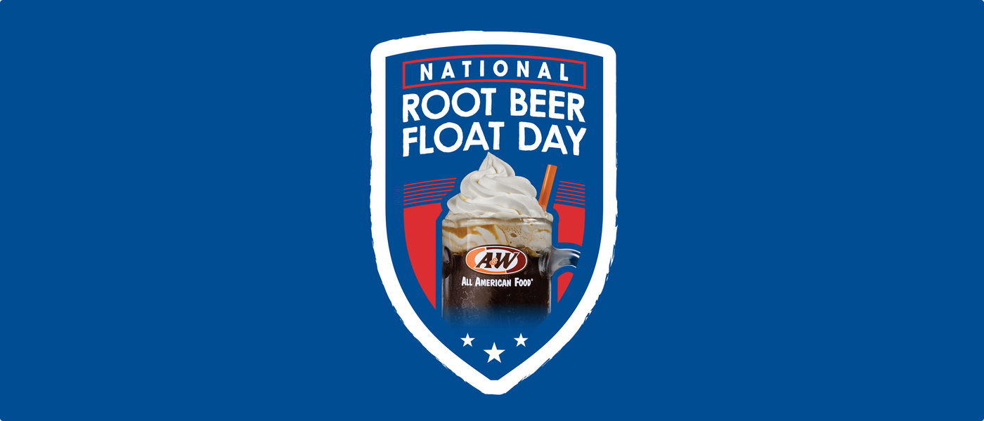 Background is dark blue. Logo in the top center of the image is outlined in white. Image of an A&W Root Beer Float is inside. Text above the Float reads 